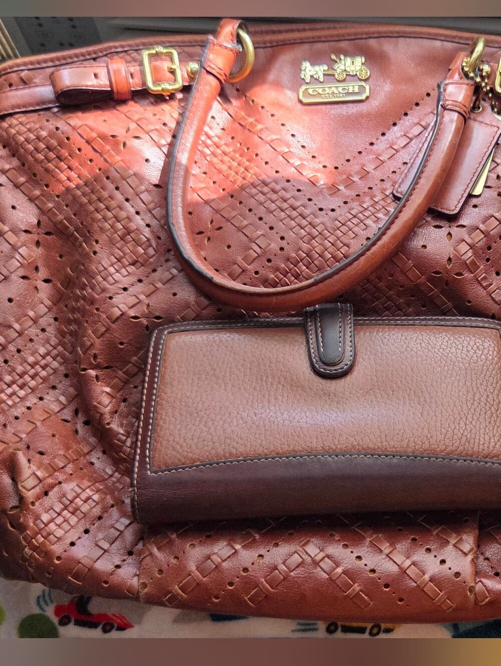 Coach Brown Leather Tote with Woven Side Panels